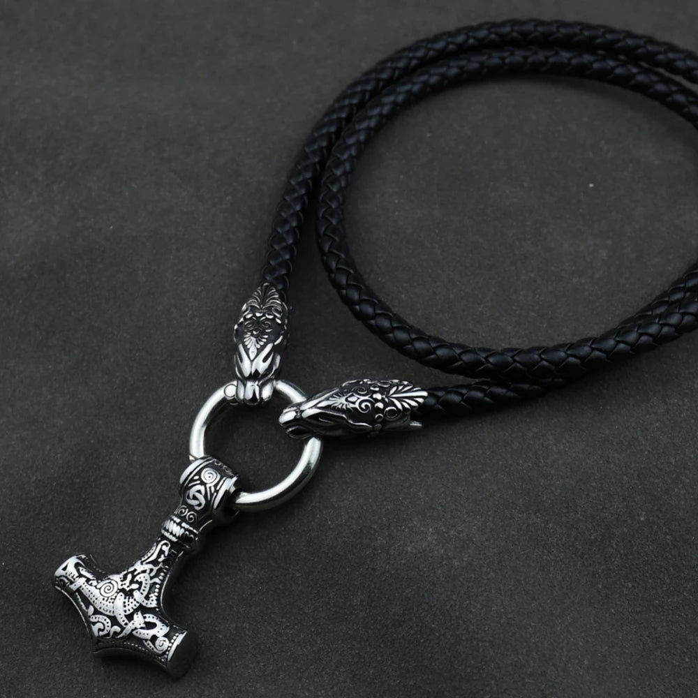 Stainless Steel Wolf Head with King Chain Necklace thor's hammer mjolnir viking  Rune Amulet Domineering Biker Jewelry