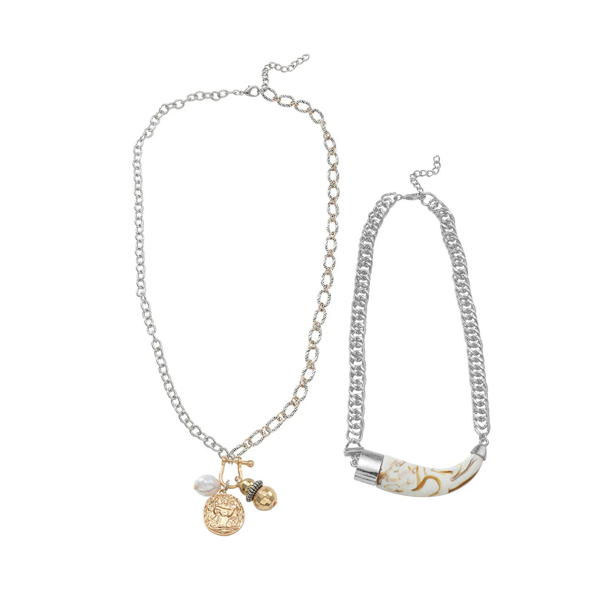 ZAA Cow Horn Multi-layer Imitation Pearl Geometry Women's Punk Necklace