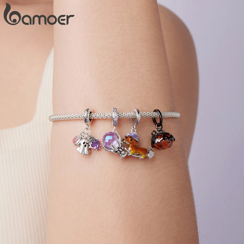 Bamoer 925 Sterling Silver Halloween Pumpkin Charm Magic Crystal Pendant Enamel Luminous Bead for Women DIY Bracelet Accessories