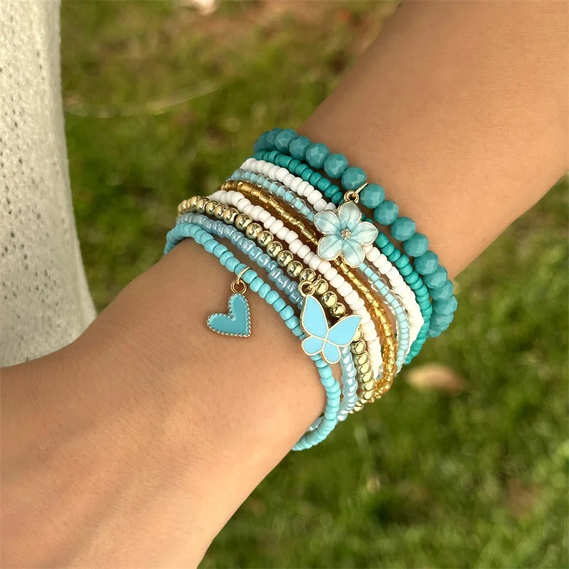 9pcs/set Bohemian Butterfly Flower Pendant Bracelet for Women Handmade Rice Beads Stacked Bracelet Summer Beach Party Jewelry - Madeinsea©