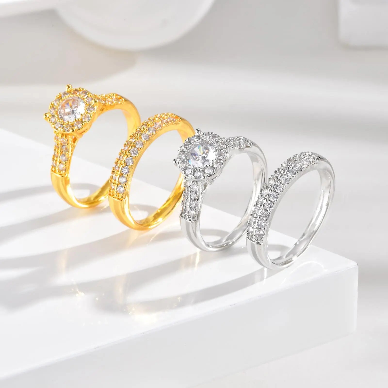 Vnox Lightweight Gold Silver Color 2 Piece Rings Set,Cubic Zirconia Inlaid Circle Rings For Women Girls,Female Jewelry Wedding