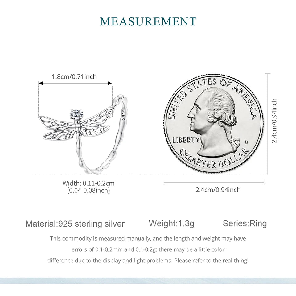 WOSTU 925 Sterling Sliver Dragonfly Open Ring For Women , Hollow Out Shiny CZ Insect Animal Adjustable Rings Daily Party Gift