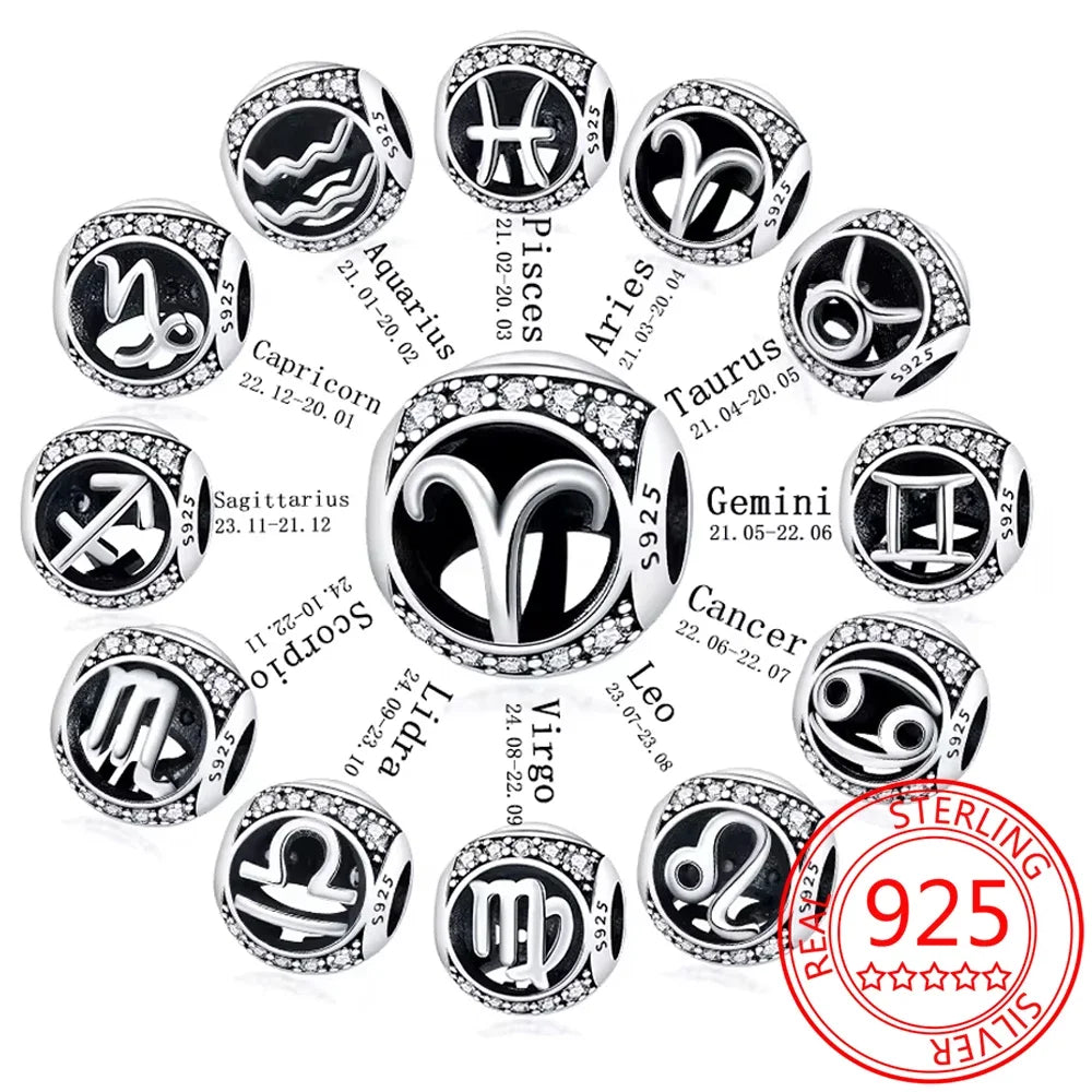 925 Sterling Silver 12 Constellation Beads Charm Fit Original  Bracelet for Women Jewelry Birthday Fashion Gift