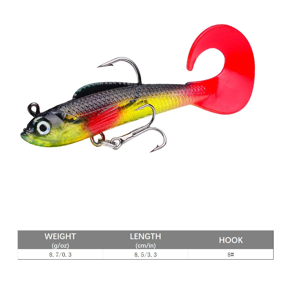 1pc Soft Bait Rubber Fishing Lure 75mm 85mm Artificial Sinking Swimbait Curly T Tail Jig Head Fishing Tackle Goods For Bass Pike