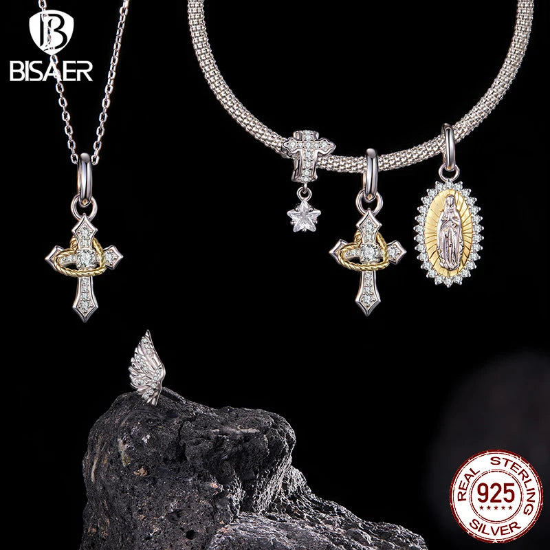 BISAER 925 Sterling Silver Cross Charms Beads Jesus Nativity Scene Pendant Faith Men Women DIY Bracelet & Necklace Fine Jewelry