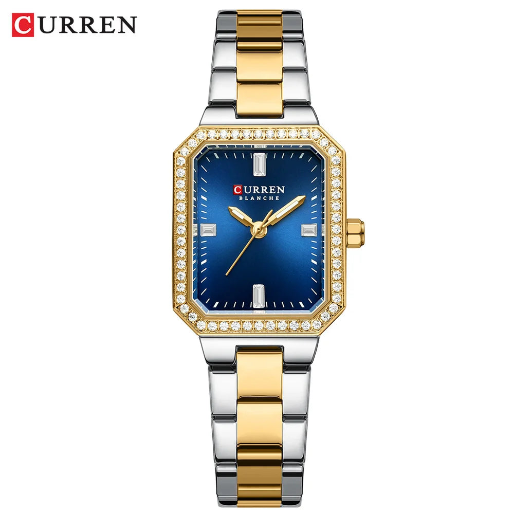 CURREN Luxurious Elegant Women's Watches Classic Rectangular Dial with Rhinestones Luminous Hands Waterproof