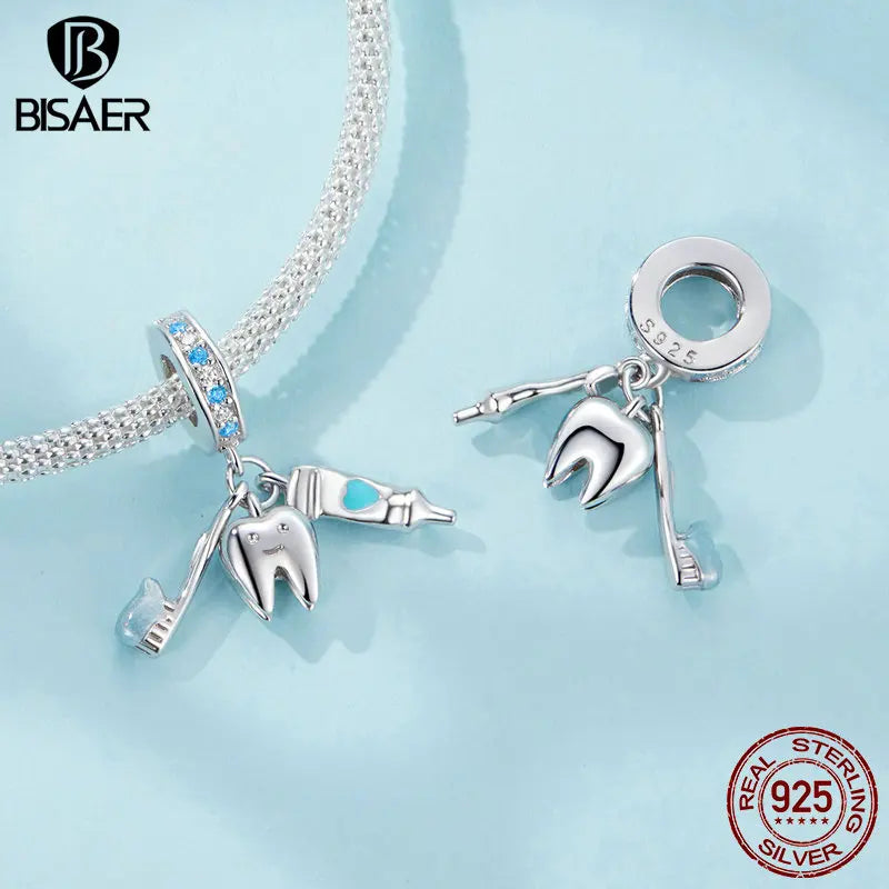 BISAER 925 Sterling Silver Baby Bottle Set Charm Bead Peigne Couverts Cute Pet Kit Pendentif de vacances Fit Femmes DIY Bracelet Bijoux