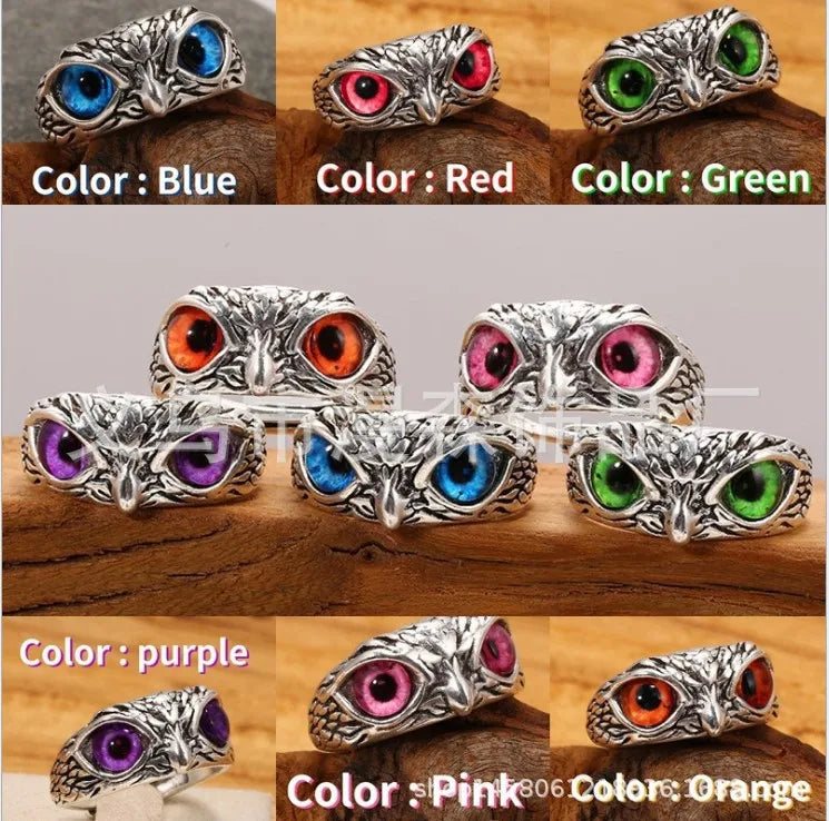 New Vintage Owl Rings For Women Men Design Multicolor Cat Eye Finger Rings Silver Color Adjustable Opening Animal Couple Jewelry