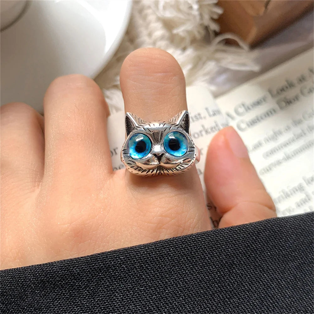 Fashion Silver Color Fat Cat Blue Eyes Cute Ring For Men Retro Blue Acrylic Couple Ring Women Party Jewelry Wholesale
