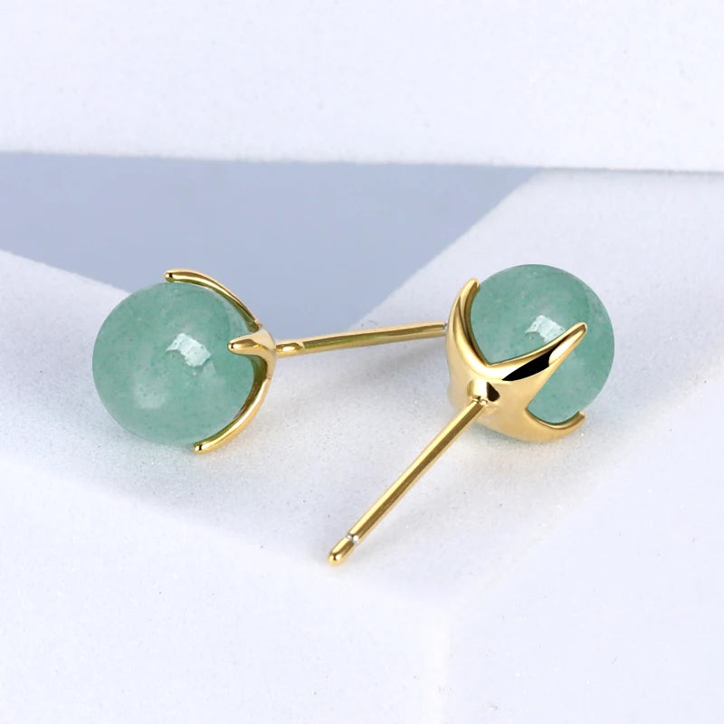 925 Sterling Silver Ladies Casual Four Claw Stud Ear 6.5-7mm Round Natural Aventurine Fashion Earrings for Women Jewelry Gift