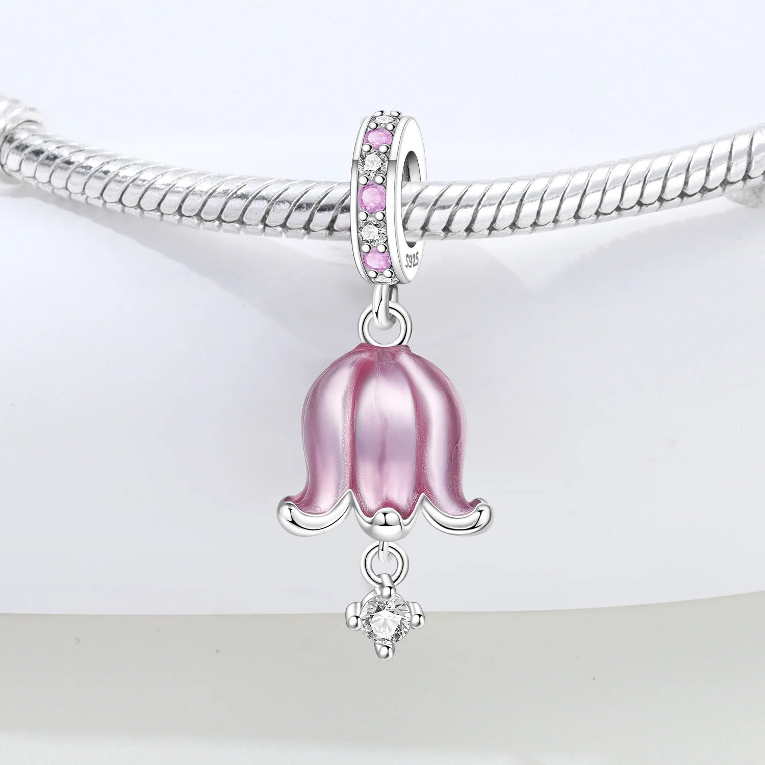 PANPOKI 925 Sterling Silver Pink Orchid Wind Chime Pendant Beads Original Pendants Bracelet Charm Jewelry Party DIY Gifts