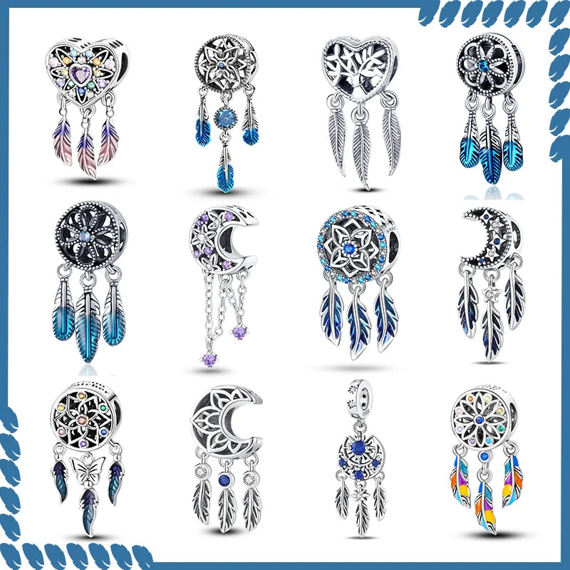 Dreamcatcher Series - Original Genuine 925 Sterling Silver Zircon Moon Sun Charm Beads Suitable 3mm Bracelet DIY Making Pendant