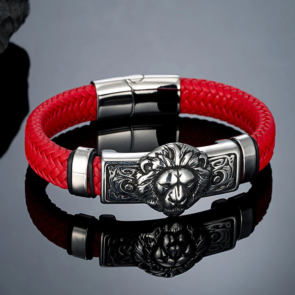 MKENDN Punk Lion Men Braided Genuine Black Leather Bracelet Stainless Steel Magnetic Buckle Bracelet Gifts Homme Pulseras