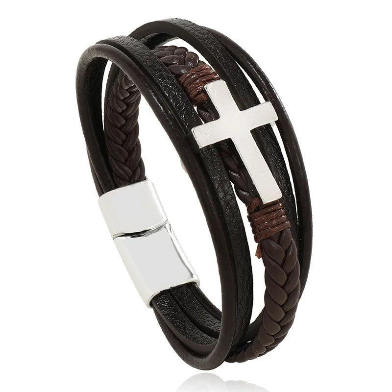 New Men's Leather Braided Bracelet Alloy Magnet Buckle Multilayer Leather Bracelet Retro Simple Bracelet Wholesale