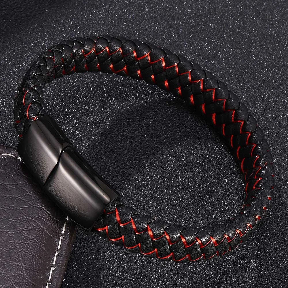 MKENDN Punk Men Braided Genuine Braided Blue Leather Bracelet Black Stainless Steel Magnetic Buckle Bracelet Gifts Homme Pulsera
