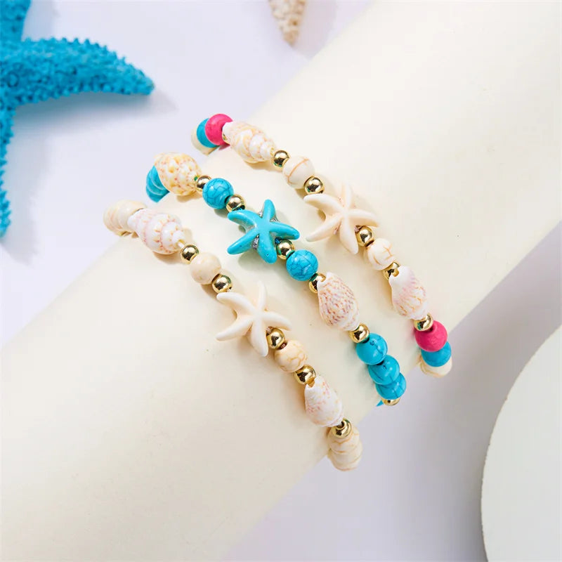 Bohemian Starfish Conch Shell Beads Bracelet For Women Girls Summer Beach Party Rice Bead Adjustable Bangle Friendship Jewelry