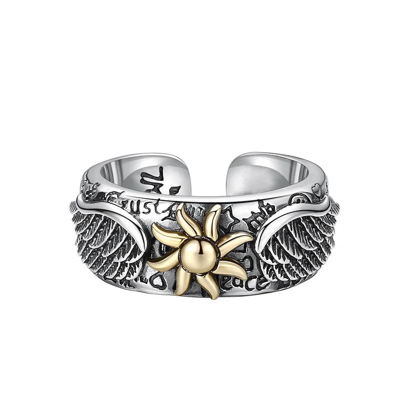 Retro Sun Wings Graffiti Ring For Men Silver Color Punk Gothic Adjustable Ring Handmade Rock Unisex Jewelry Accessories Man Gift