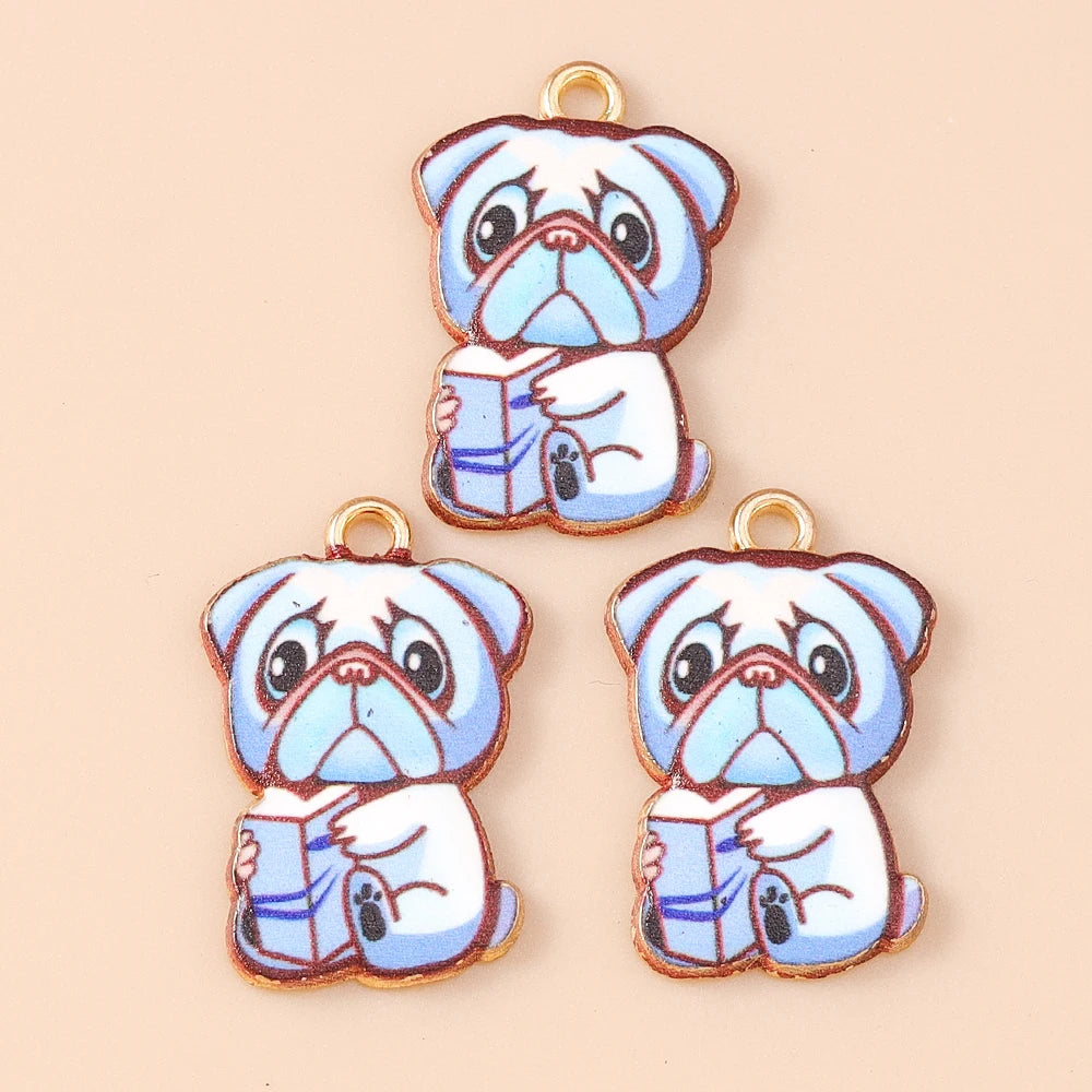 Leslie 10pcs New Cartoon Animal Dog Charms Enamel Metal Book Drinking Dog Pendants For Women DIY Necklace Earrings Jewelry Gifts