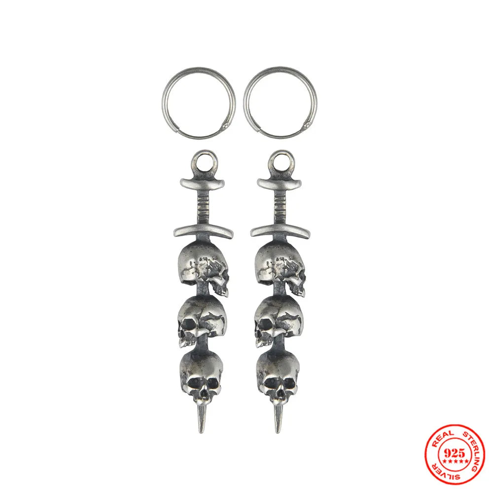 MKENDN Gothic 925 Sterling Silver Ear Rings Sword Piercing Three Skull Earrings For Men Women Punk Rock Style Piercing Jewelry
