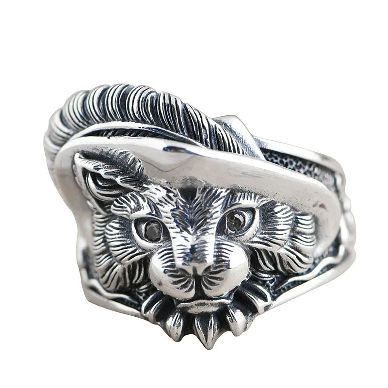 MKENDN Real 925 Sterling Silver Vintage Men Feather Gentleman Hat Cat Ring With Green Eyes For Women Punk Street Finger Jewelry