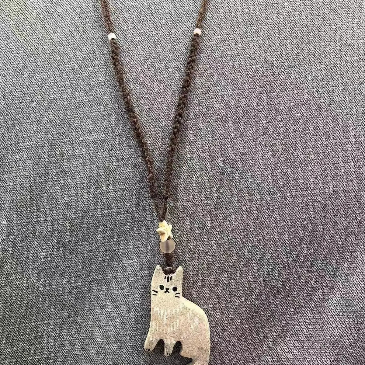 New Creative Cute Retro Cat Pendant Necklace For Women Retro Ethnic Style Kitten Star Beads Rope Chain Choker Party Jewelry Gift - Madeinsea©