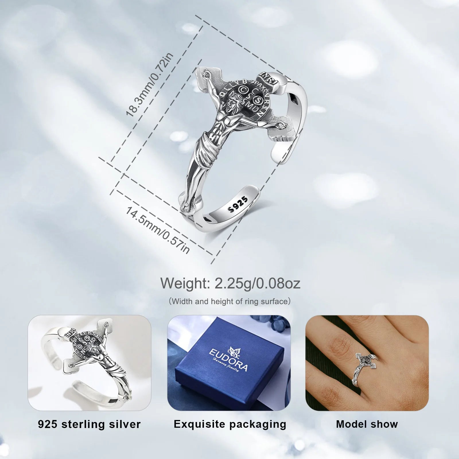 Eudora 925 Sterling Silver Saint Benedict Medal Adjustable Ring Vintage San Benedict Cross Amulet Ring Religious Jewelry Gift