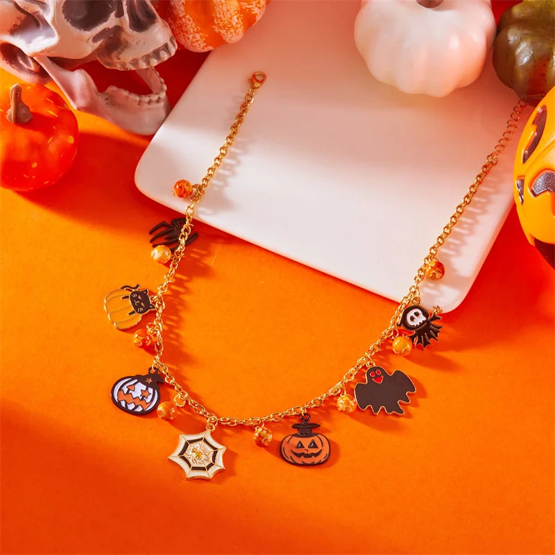 Gothic Punk Halloween Metal Chain Necklace For Women Men Vintage Black Spider Bat Pumpkin Ghost Clavicle Choker Festival Jewelry