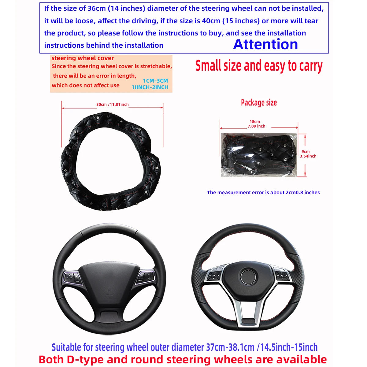1 PU leather embroidered stereo diamond-encrusted Blingbling car steering wheel cover for 14.5-15 inch automotive supplies - Madeinsea©