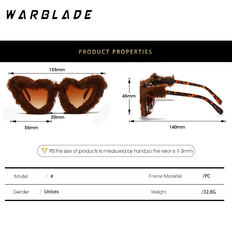 2025 Fashion Women Heart Shape Furry Sunglasses Fashion Vintage New In Shades Eyewear Retro Brand Design UV400 Party Sun Glasses