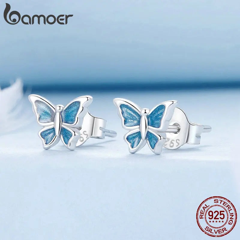 BAMOER 925 Sterling Silver Cute Butterfly Stud Earrings Blue Enamel Insect Earrings for Women Teens Young Lively Jewelry Gift