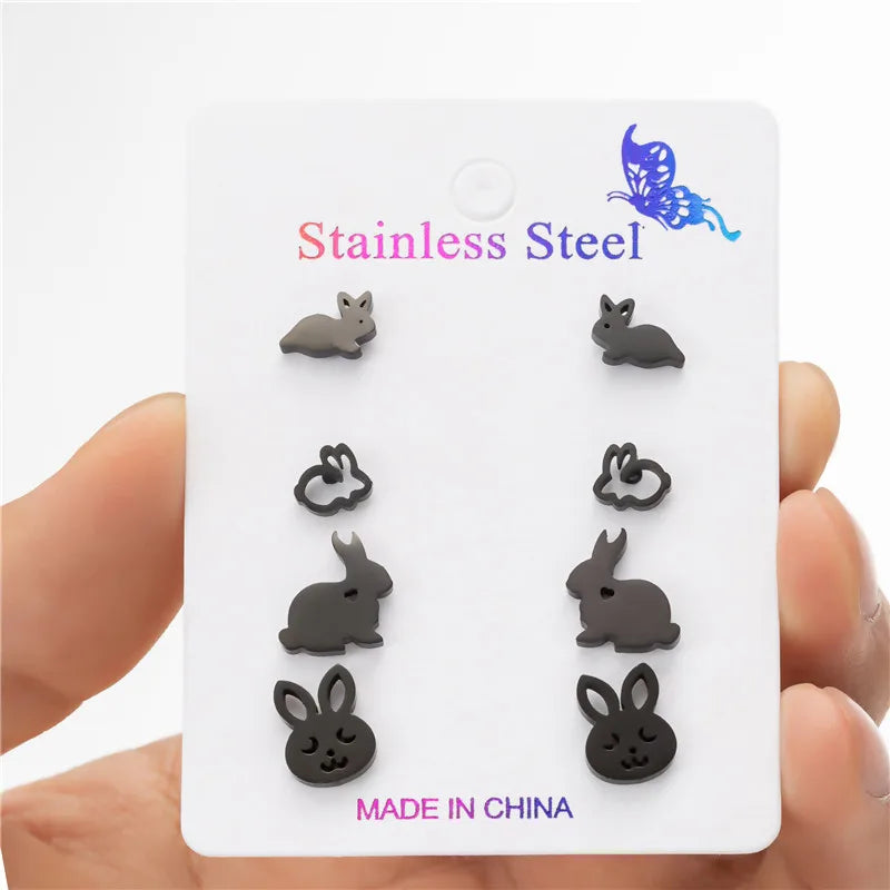 4Pairs/Lot Tiny Rabbit Earrings Women Cute Stainless Steel Bunny Stud Earring Sets for Girls Fashion Animal Ear Studs Birthday