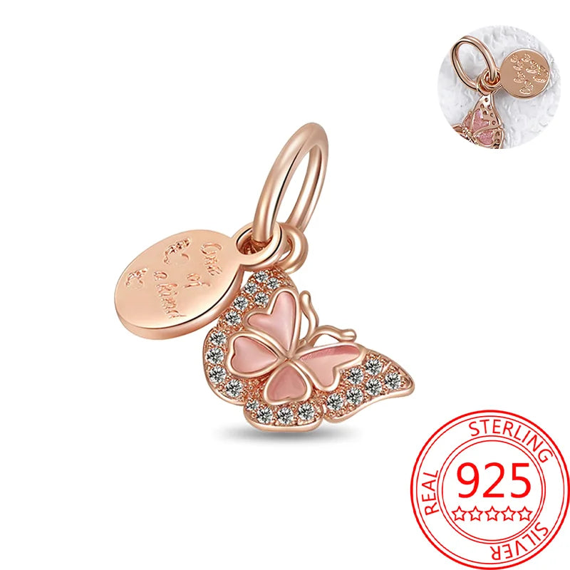 925 Sterling Silver Real Rose Gold Pink Octopus Summer Turtle Heart Dangle Charm Fit Original Bracelet Necklaces Bracelet Girl
