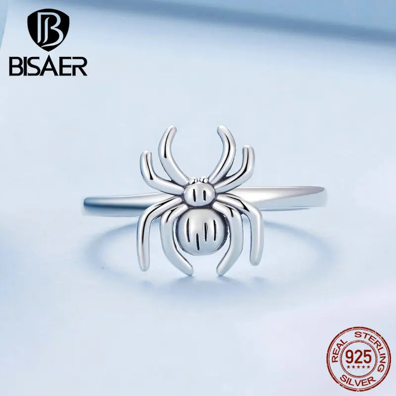 BISAER 100% 925 Sterling Silver Spider Jewelry Sets Animal Open Ring Eloops Pour Femmes Fête Halloween Cadeau Fine Jewelry