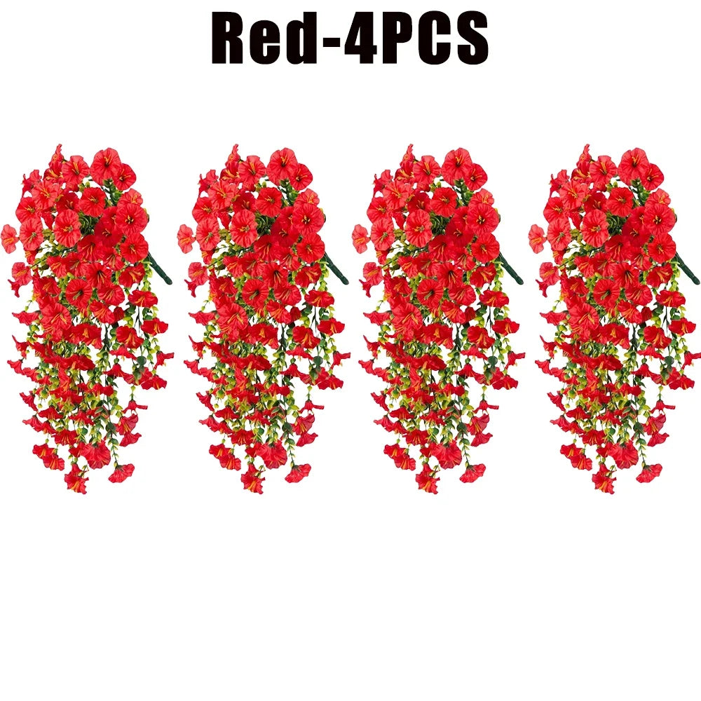 Artificial Hanging Flowers Plants Silk Morning Glory Flowers with Eucalyptus Leaves for Home Garden Porch Window Decoration