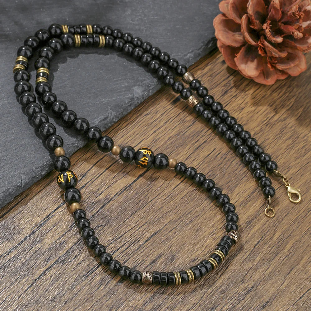 1PC INGX Men's Ethnic Style Africa Stone Necklace for Men Hippie Bohemia Long Beaded Necklace Man Tribal Jewelry Collar Hombre