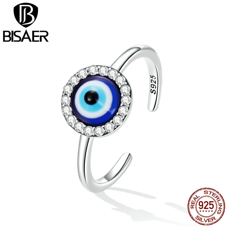 BISAER 925 Sterling Sliver Blue Evil Eye Open Ring Resin Eternity Band Adjustable Lucky Protection For Women Party Jewelry Fine
