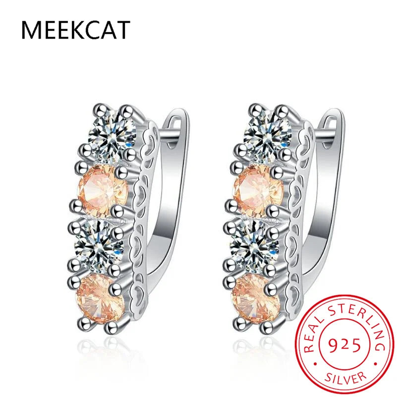 Round Natural Yellow Citrine 925 Sterling Silver U Shape Hoop Earrings for Women Statement Fashion Gemstone Jewelry Gift
