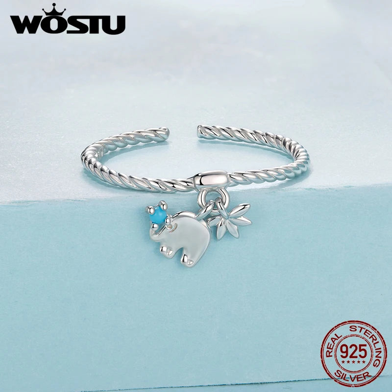 WOSTU Ring aus massivem 925er Silber mit niedlichem Elefantenmotiv und gedrehtem Seilmuster, offener Ring für Damen, verstellbarer Ring mit türkisfarbenem Tiermotiv, feines Geschenk zum Mädchengeburtstag