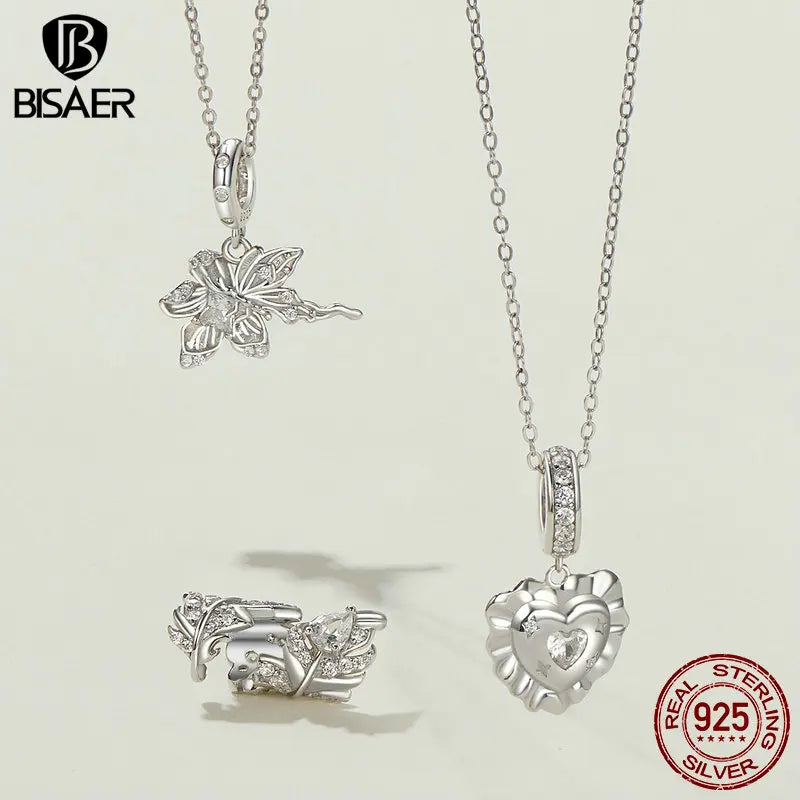 BISAER Breloque en forme de cœur en argent sterling 925 avec pendentif papillon de rêve et chaîne de sécurité pour bracelets à faire soi-même, bijoux fins, cadeau