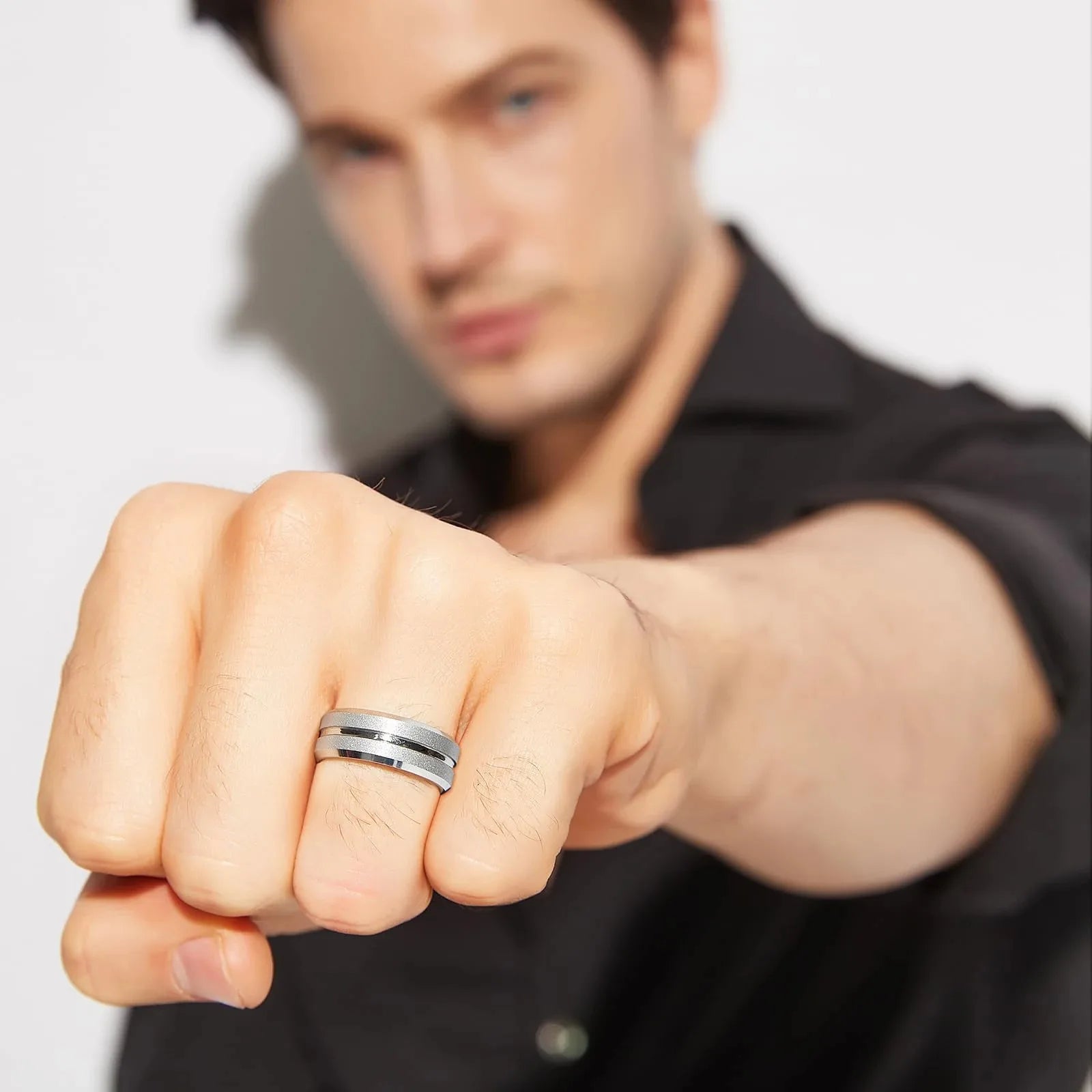 Trendy 8mm Men Frosted Stainless Steel Rings Silver Color Brushed Groove Beveled Edge Engagement Rings For Men Wedding Jewelry