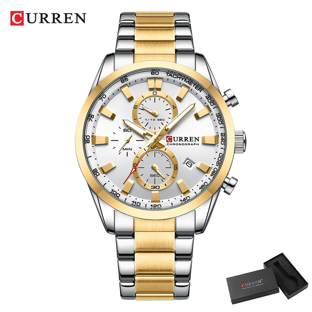 CURREN Casual Sporty Brand Stainless Steel Band Wristwatches for Men New Chronograph Quartz Watches with Date 8445