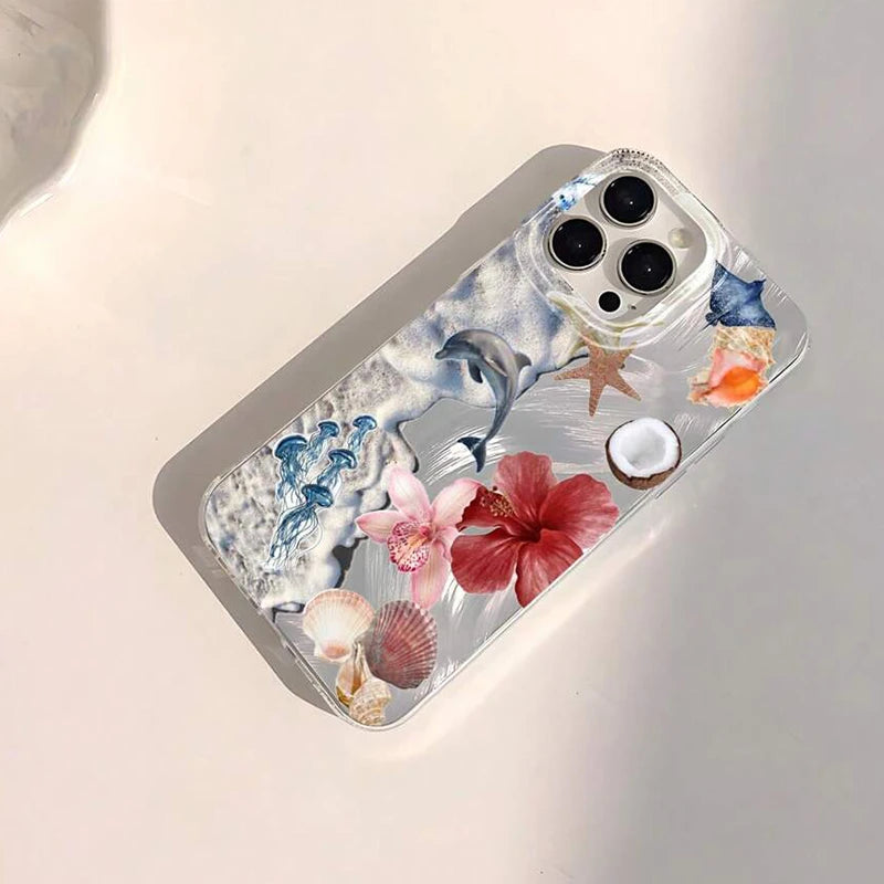 Case For iPhone 17 16 15 Pro Max Air 16E 14 13 12 11 XS XR Summer Pink Flower Starfish Pattern Case For iPhone 7 8Plus SE2 Cover