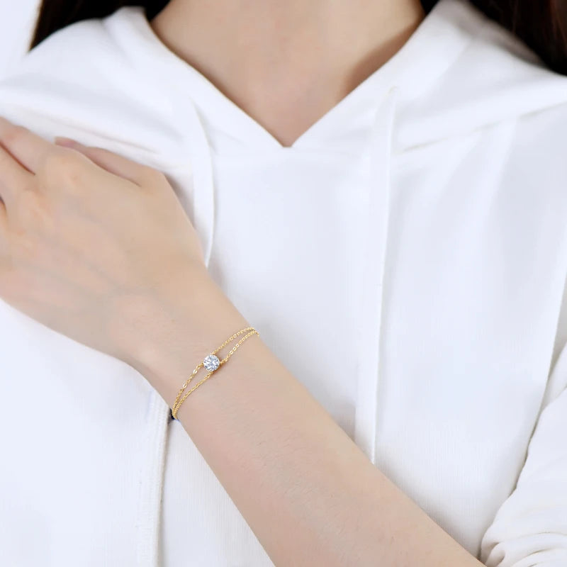 OXTAO D Color 6.5mm 1ct Moissanite Bracelet for Women 925 Sterling Silver Double Chain Bracelets Fine Jewelry Gift GRA Certified