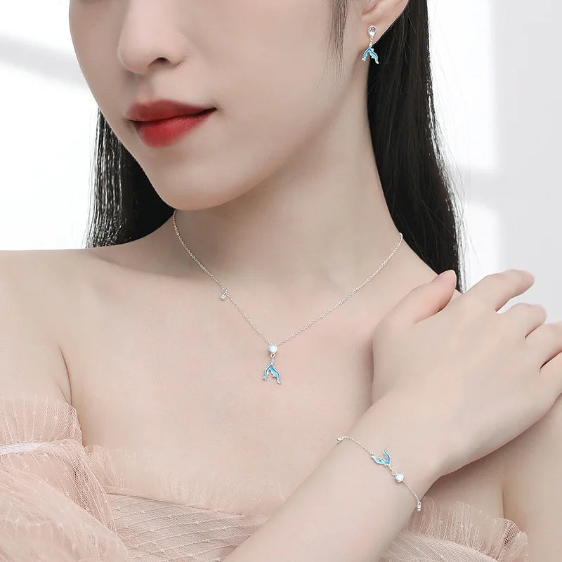 925 Silver Mermaid Necklace Bracelet Earrings Ring Moonlight Jewelry Gift for Women Birthday Anniversary Elegant 4-Set