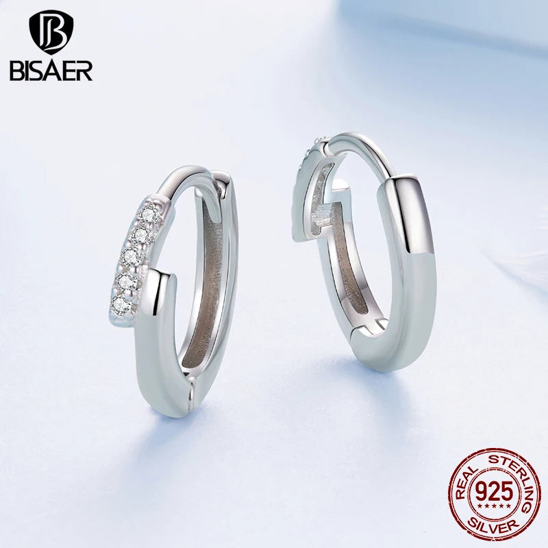 BISAER Solid 925 Sterling Silver Cross Hoop Earrings Round Huggie Earrings Plated White Gold for Women Party Fine Jewelry Gift
