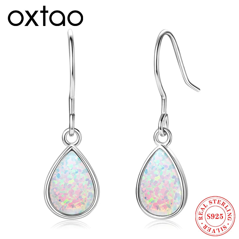 925 Sterling Silver Ladies Drop Hook Earrings 6x9mm Pear Shape Bezel Set White Opal Earring for Women Fashion Gemstone Gift