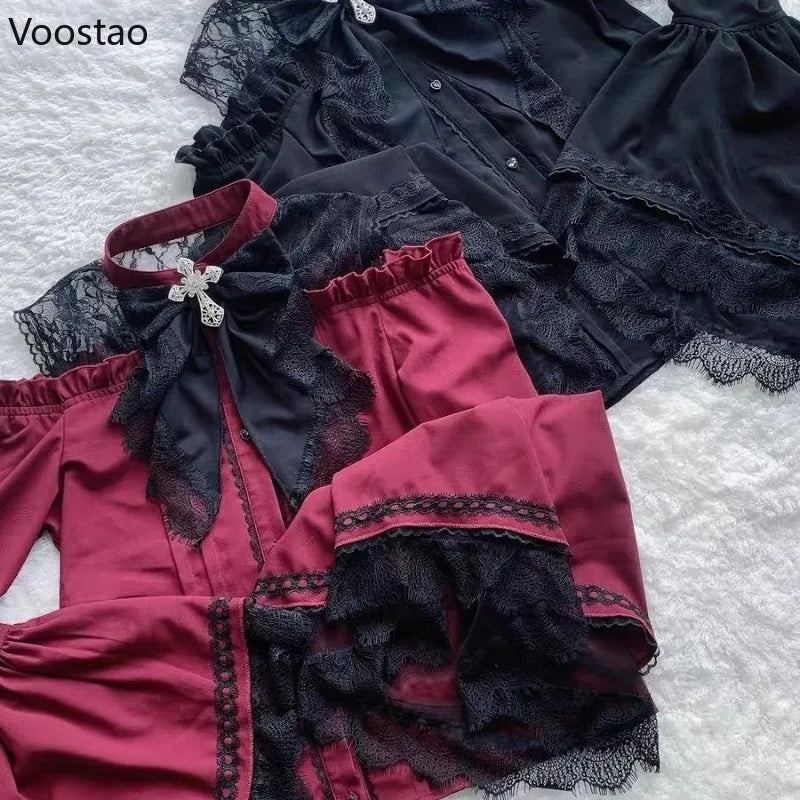 Victorian Gothic Lolita Style Shirts Japanese Women Vintage Elegant Lace Ruffles Flare Long Sleeves Blouse Female Y2k Slim Tops - Madeinsea©