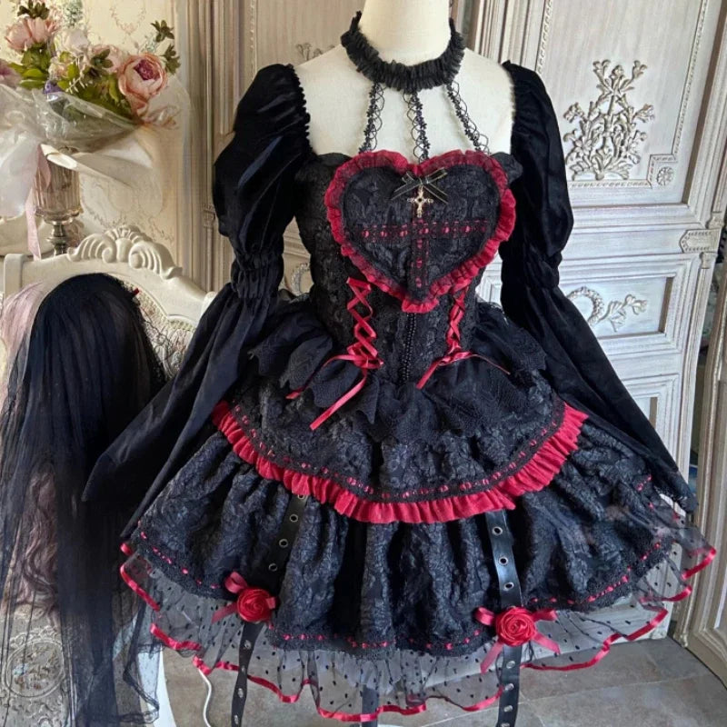 Gothic Lolita Jsk Dresses Victorian Women Elegant Lace Halter Neck Dark Mini Dress Girls Punk Y2K Halloween Holiday Party Dress