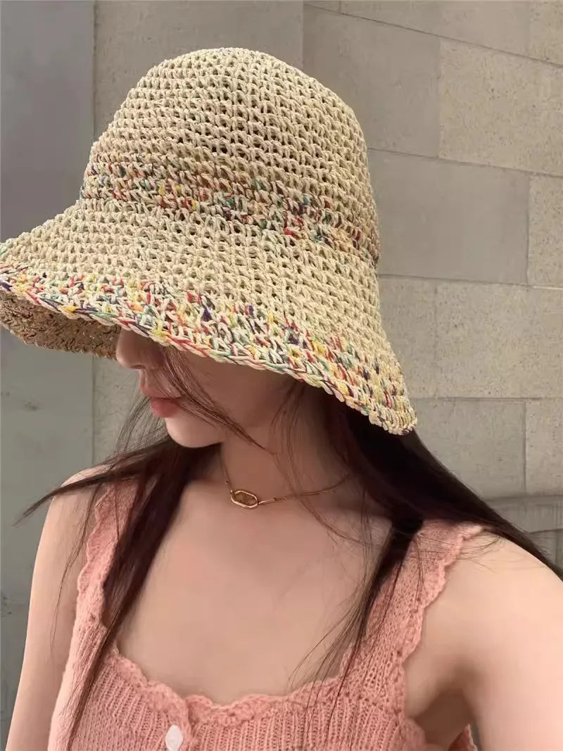 Rainbow woven women's sunscreen hat summer Japanese straw hat  protective fashion, breathable hollow beach sun hat