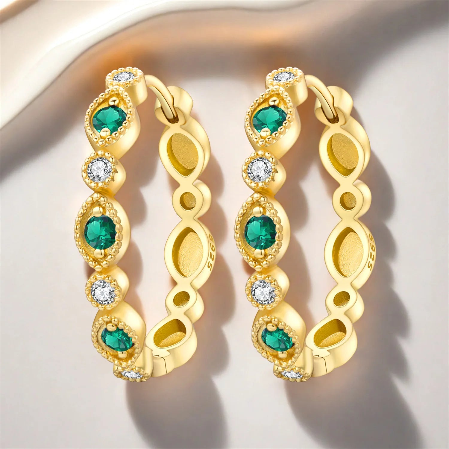 PANPOKI Original 925 Sterling Silver French Retro Green Zircon Earrings Women Hoop Earring Anniversary Jewelry Trendy Gifts